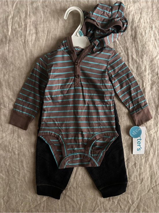 Carter's Other - Carter's Brown with Aqua Striped Hooded Bodysuit and Dark Denim Pants